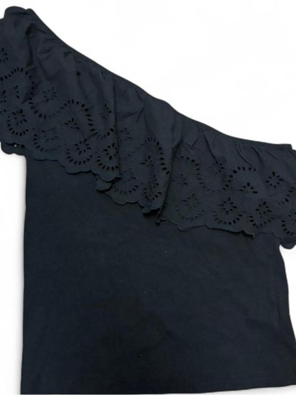 Old Navy Black One-Shoulder Eyelet Ruffle Crop Top